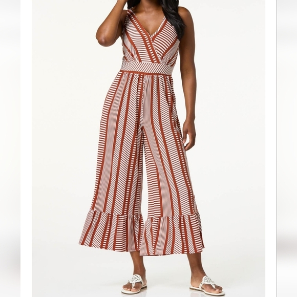 Cato Blue and White Striped Jumpsuit with Ruffle Hem NWOT - Picture 1 of 16